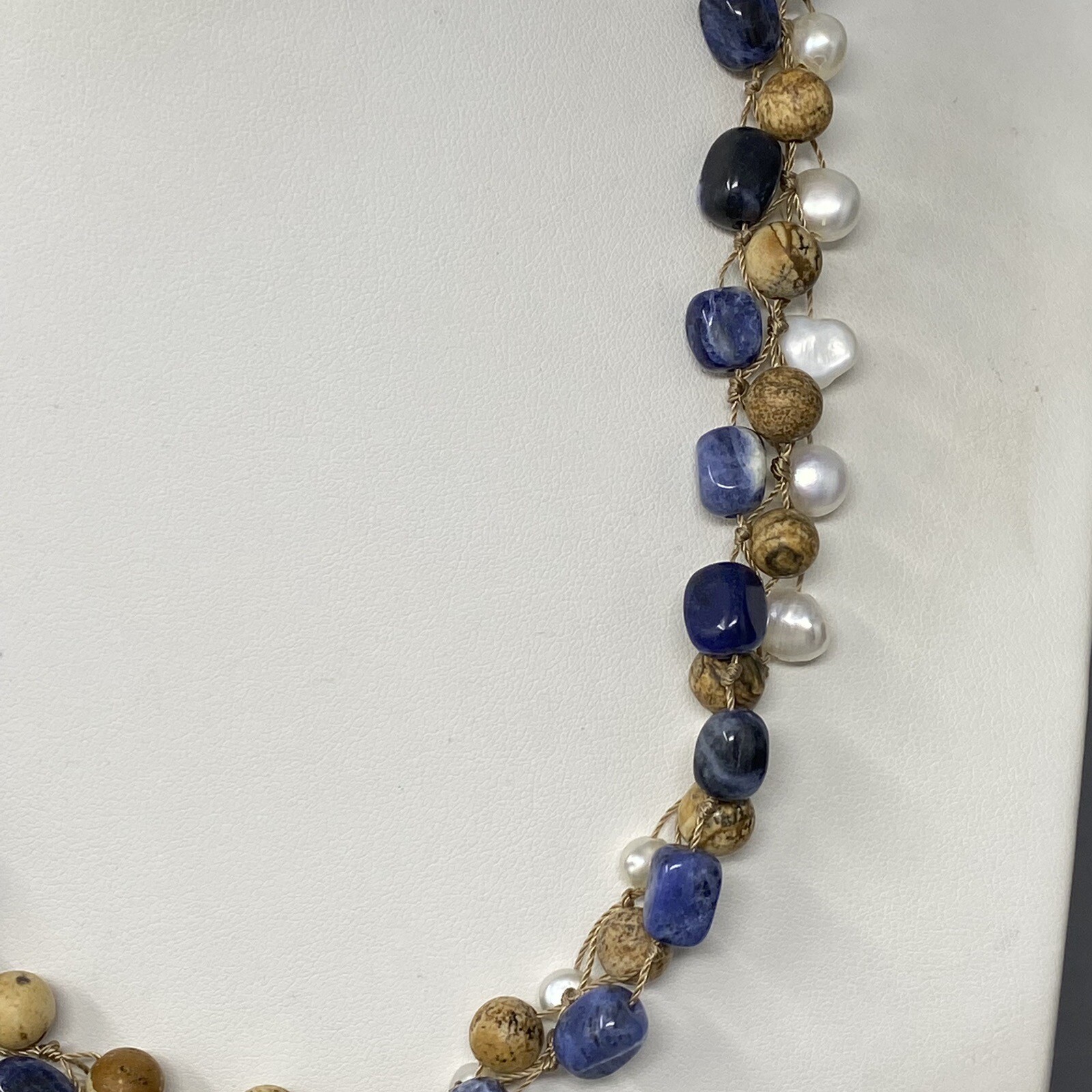 Coldwater Creek Necklace Jasper Sodalite Genuine Pearl Hand Knot Wrap Boho 20″