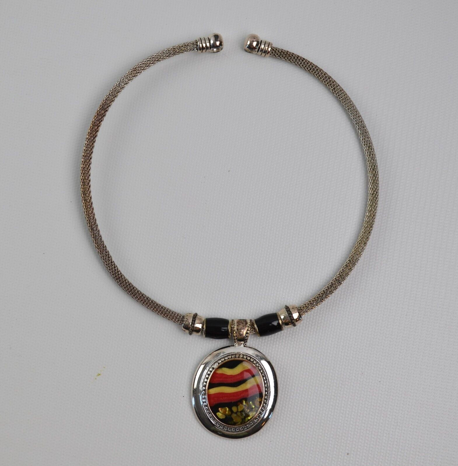 Vintage Silver Tone Snake Choker w/ Round Pendant Sunset Pattern 16″