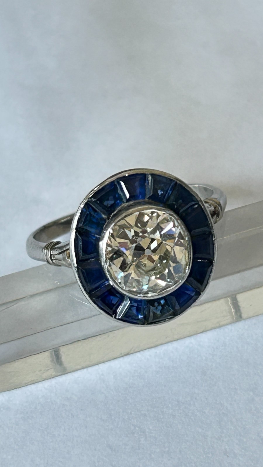Vintage Art Deco 2ct Old European Cut Diamond & Sapphire Target Ring