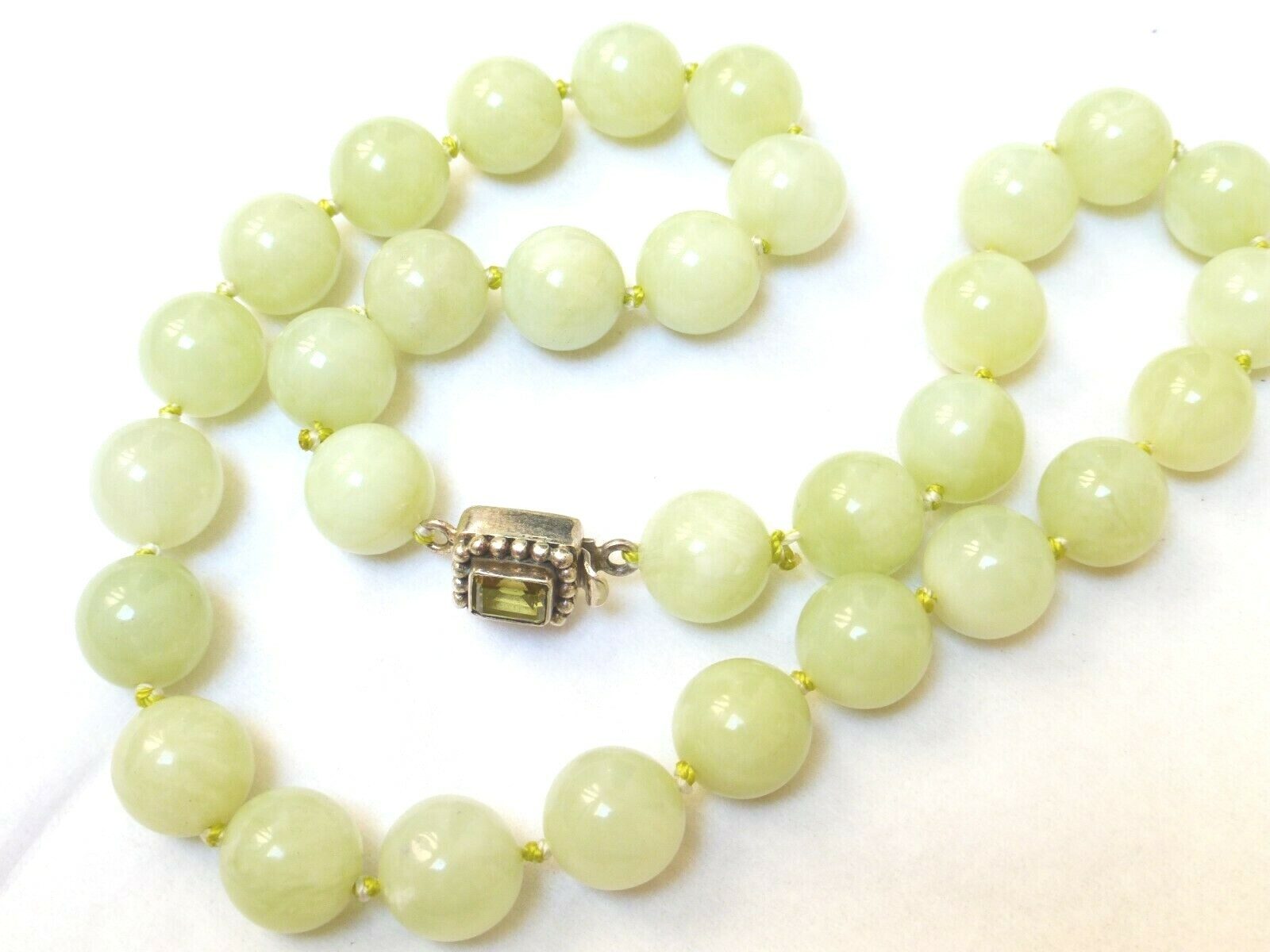 Chinese Green 12mm Jade Beads Necklace, Sterling Clasp,18″