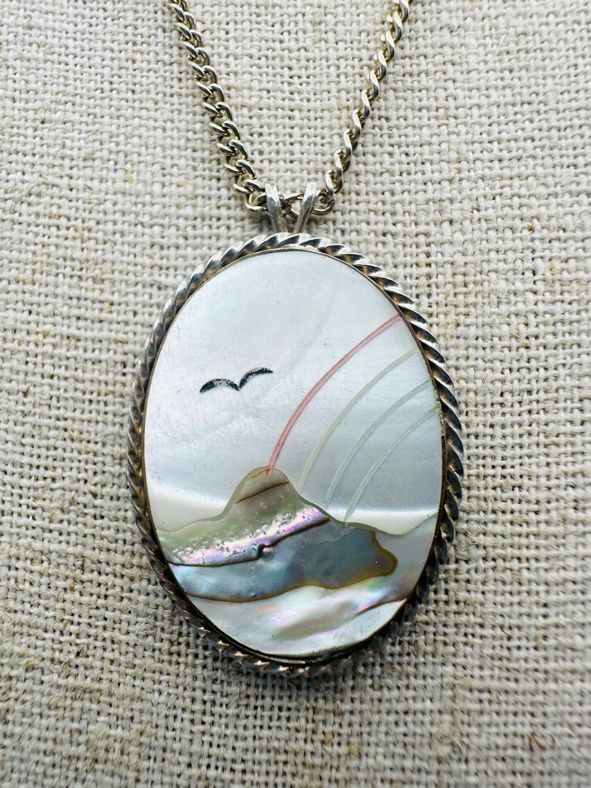 Vintage Mountain Landscape Rainbow Bird Abalone Inlay Pendant Necklace 20”