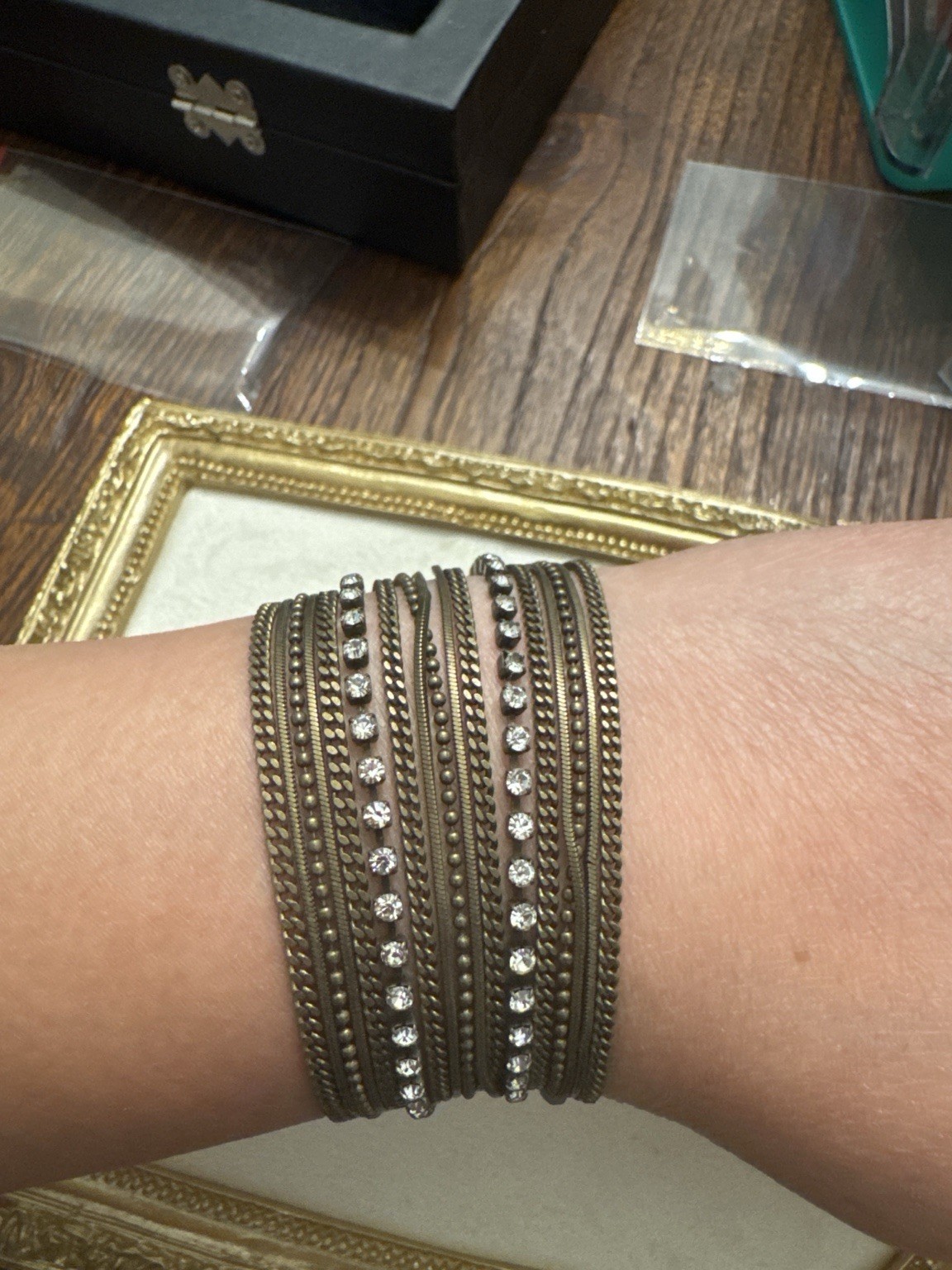 Vintage Multi Strand Rhinestone Bracelet Antique Brass Tone Boho Adjustable