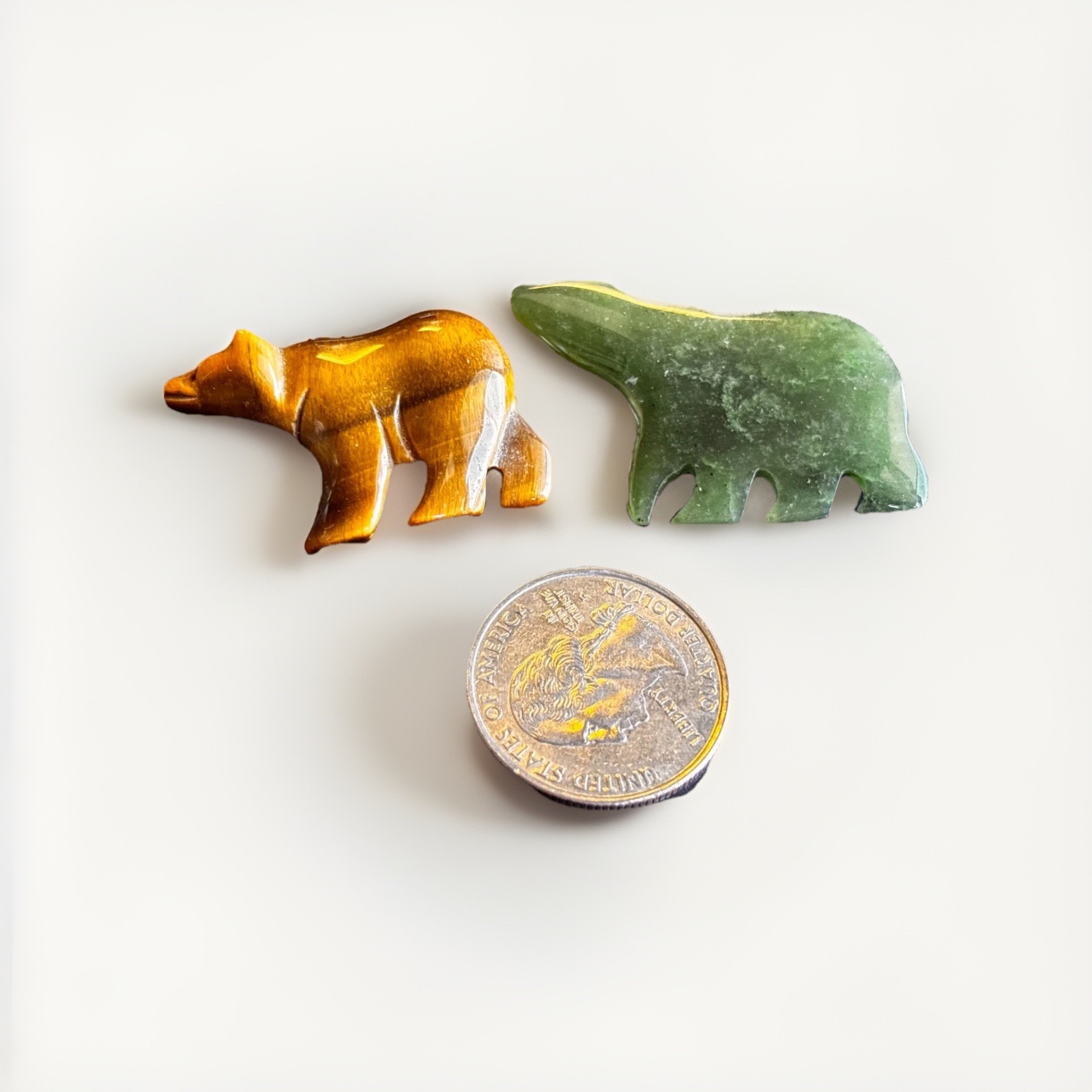 Two (2) Carved Stone Bear Lapel Pins Tigers Eye & Jade