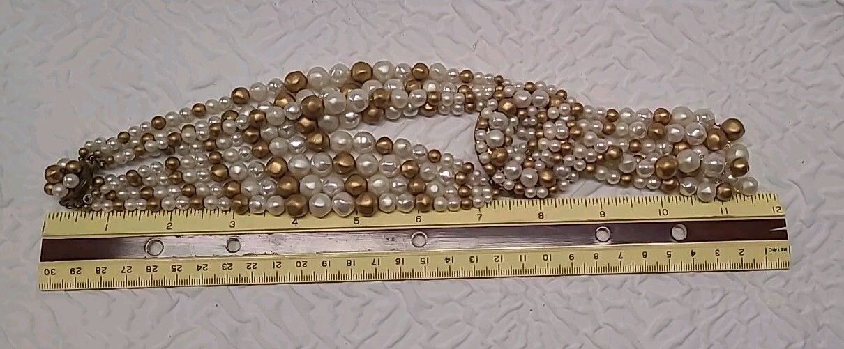 VINTAGE MULTI STRAND PEARL NECKLACE WITH DANGLES GOLD SILVER AND IVORY