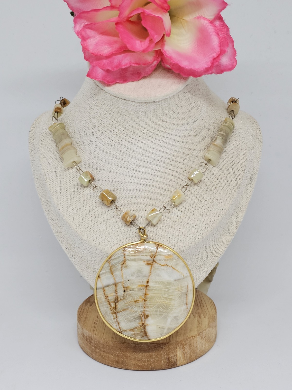 Vintage Carved Agate Beaded Necklace Etched Aztec Sun Disc Pendant