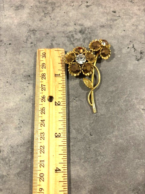 Brown Flower Brooch Gold Tone Floral Pin Costume with clear rhinestone