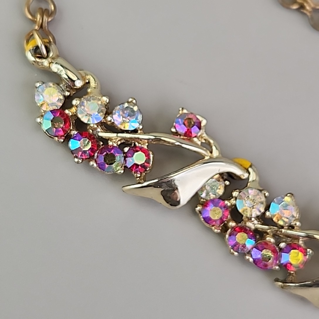 Vintage BSK Rhinestone Necklace AB Red Gold Tone Choker 16″