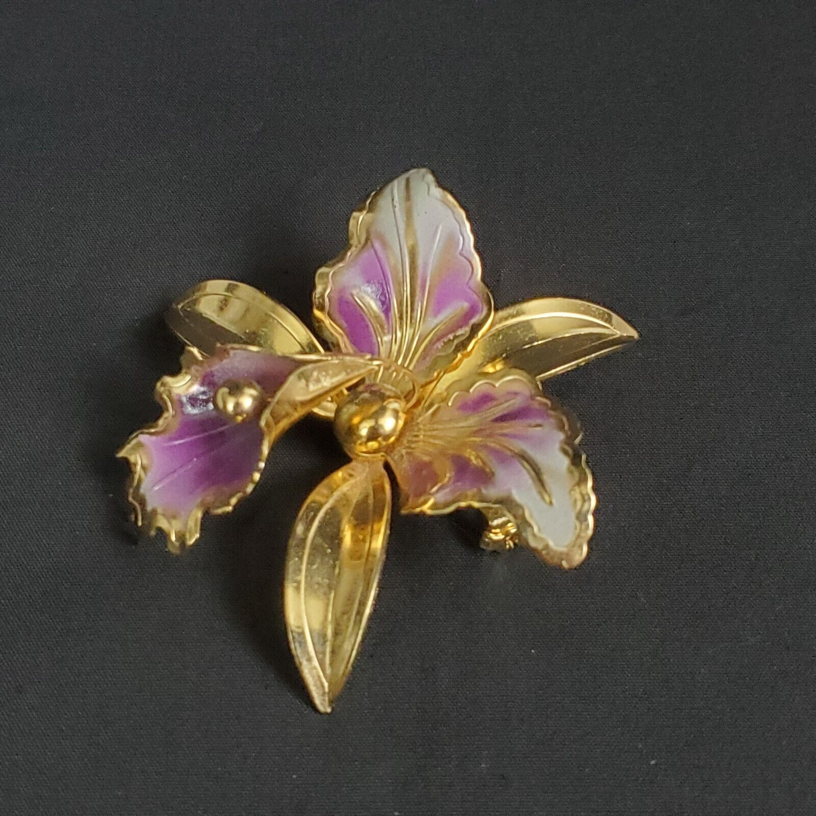 Flower Orchid White Purple Enamel Vintage Gold Brooch Statement Pin Large