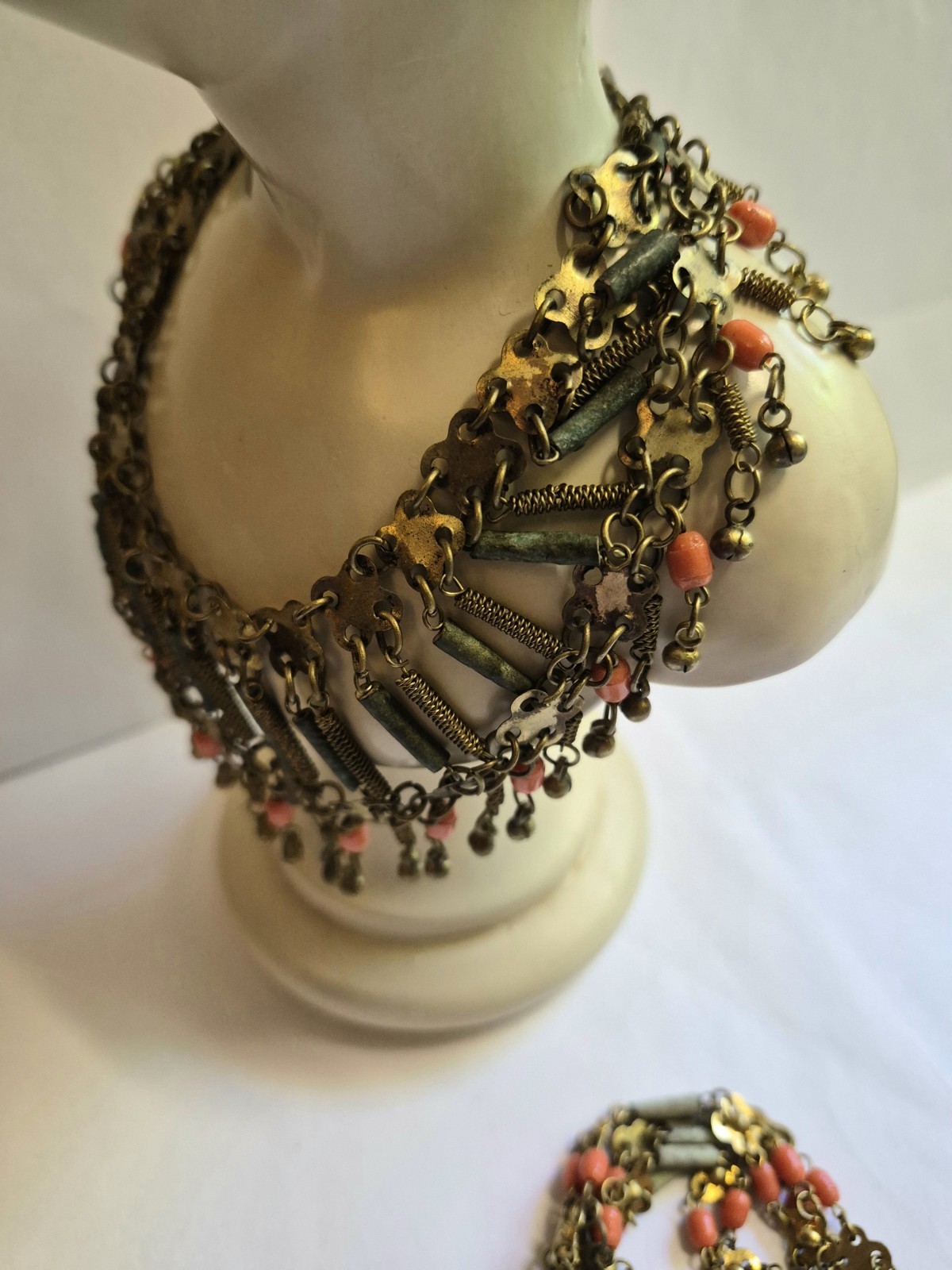 Vintage Egyptian Revival Faience Style Bib Necklace & Bracelet Brass Tone READ