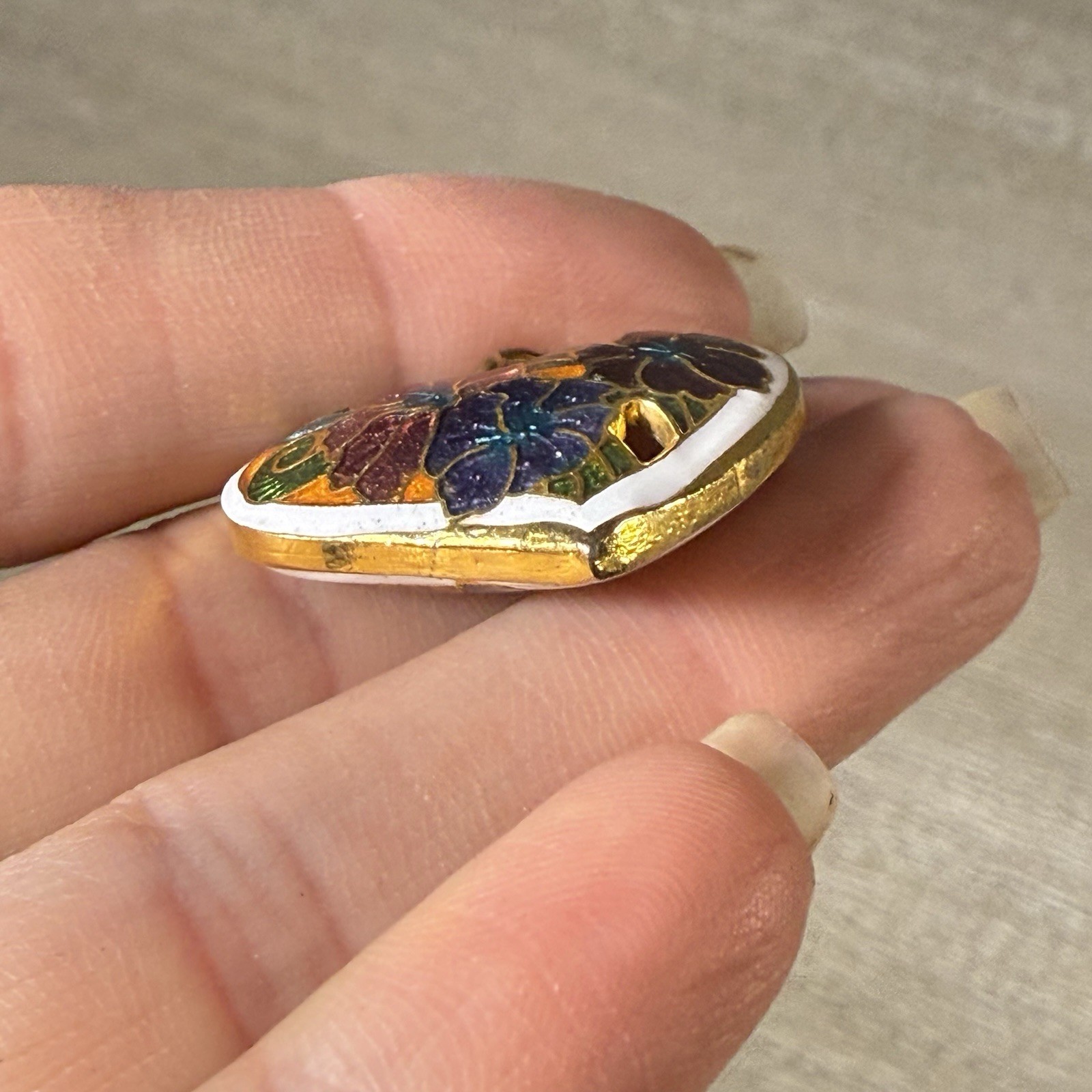 Vintage White Cloisonne Enamel Floral Puff Heart Pendant Double Sided