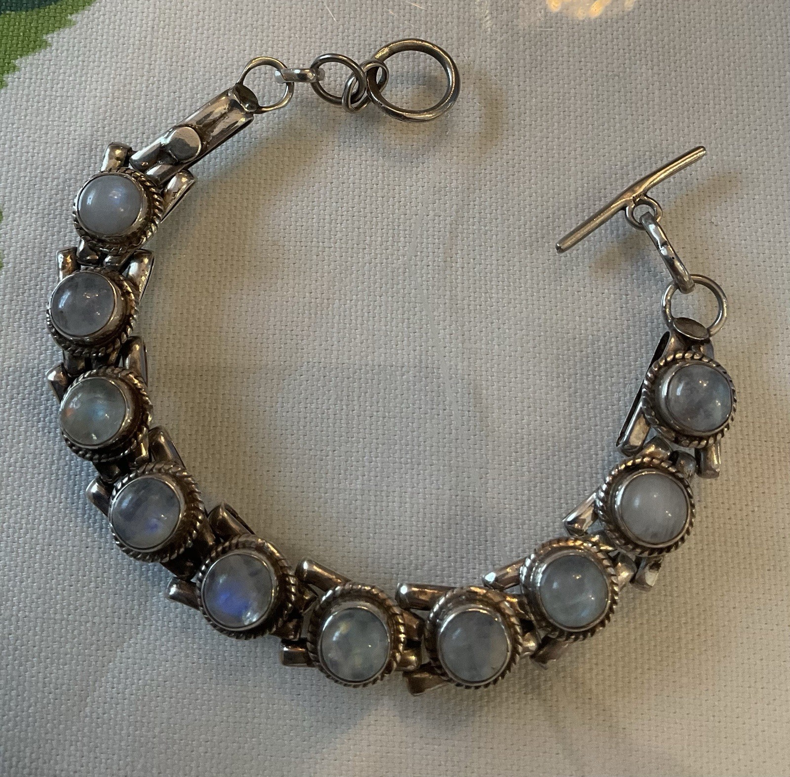 Vtg Mexican Sterling Silver Rainbow Moonstone Cabochon Rope Toggle Bracelet