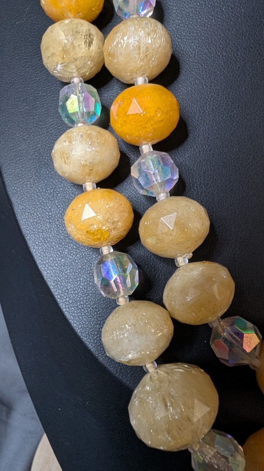 West Germany Vintage Yellow Clear Acrylic Beaded Necklace, Box Cluster Clasp 20″