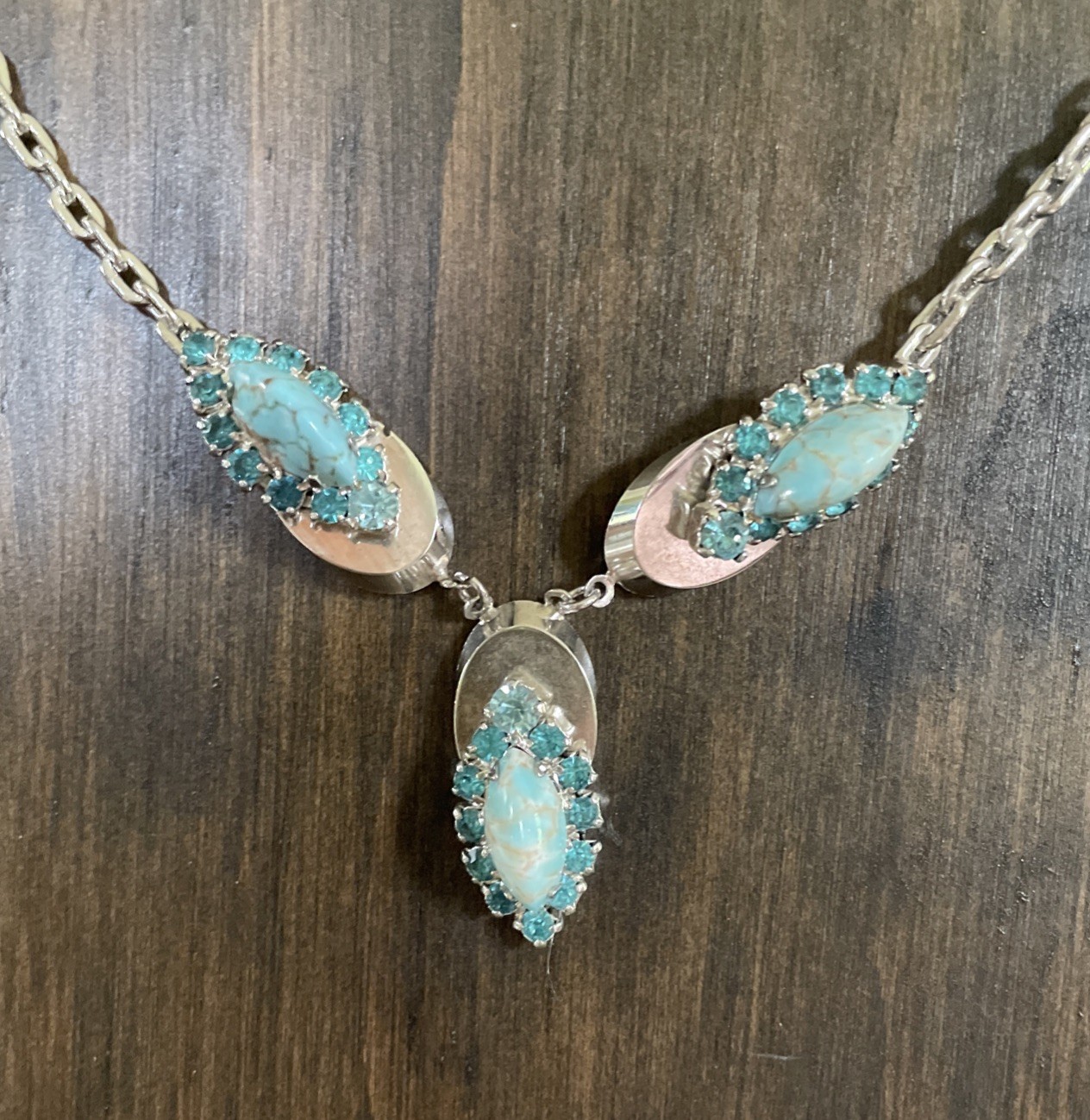 Vintage Rhinestone & Turquoise Silver Choker Necklace