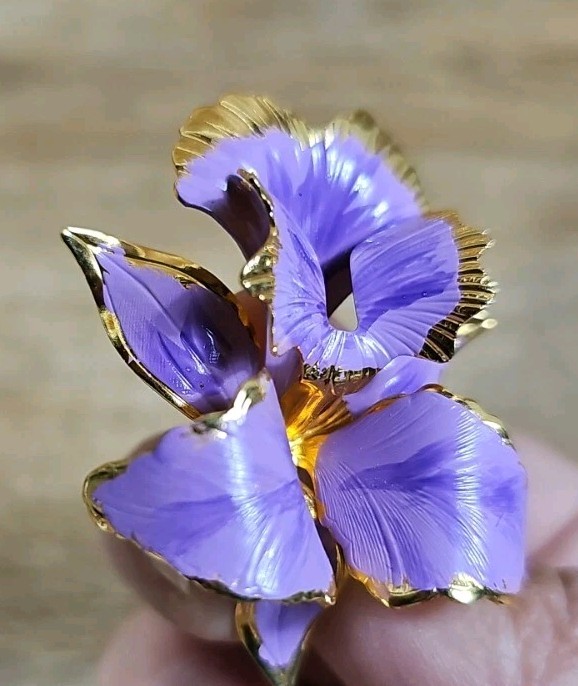 Flower Orchid Purple Enamel Vintage Gold Brooch 1.85″