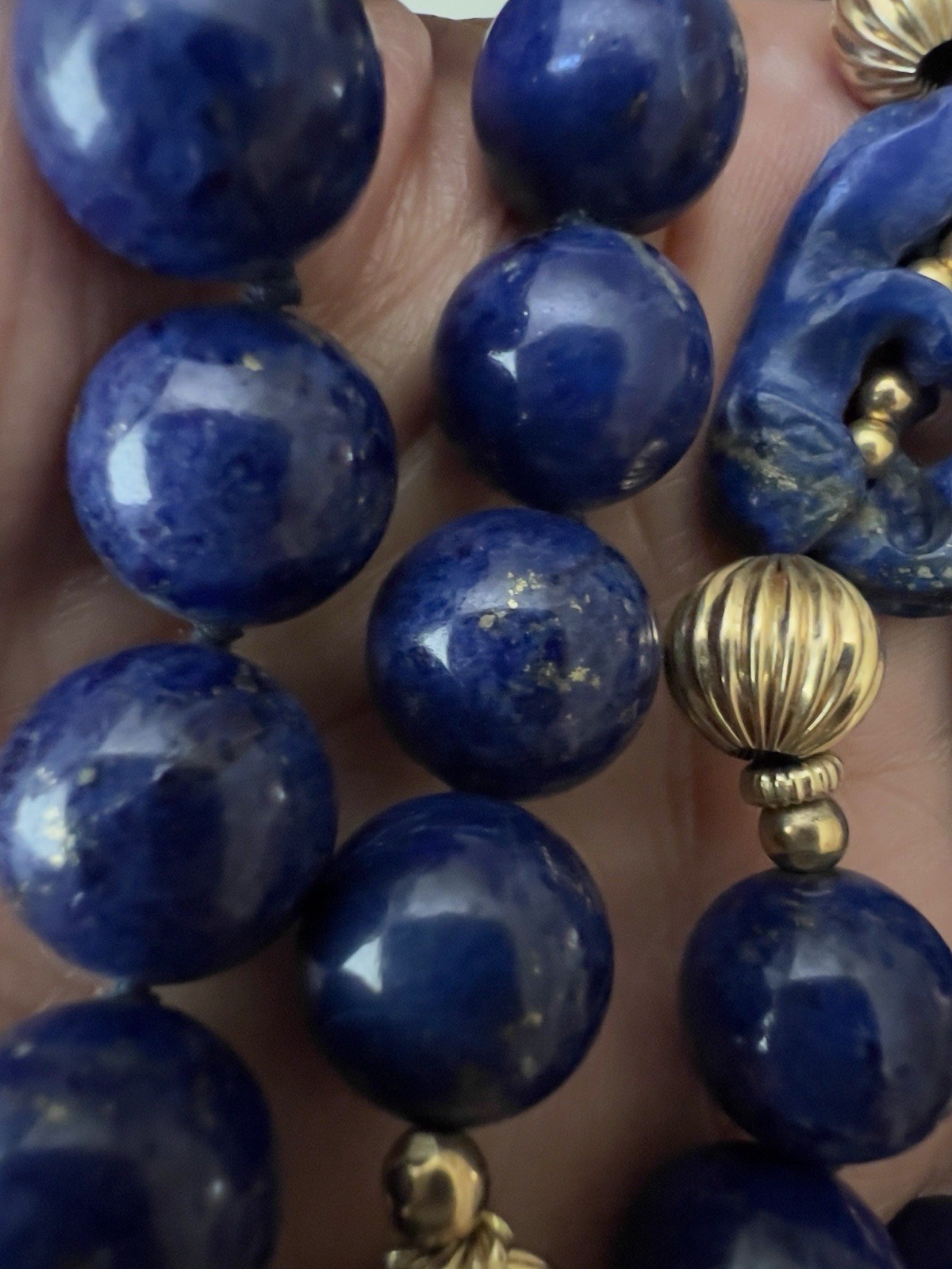 Vintage Lapis Lazuli and 14K Beads Hand Knotted 30” Necklace With Figural Beads