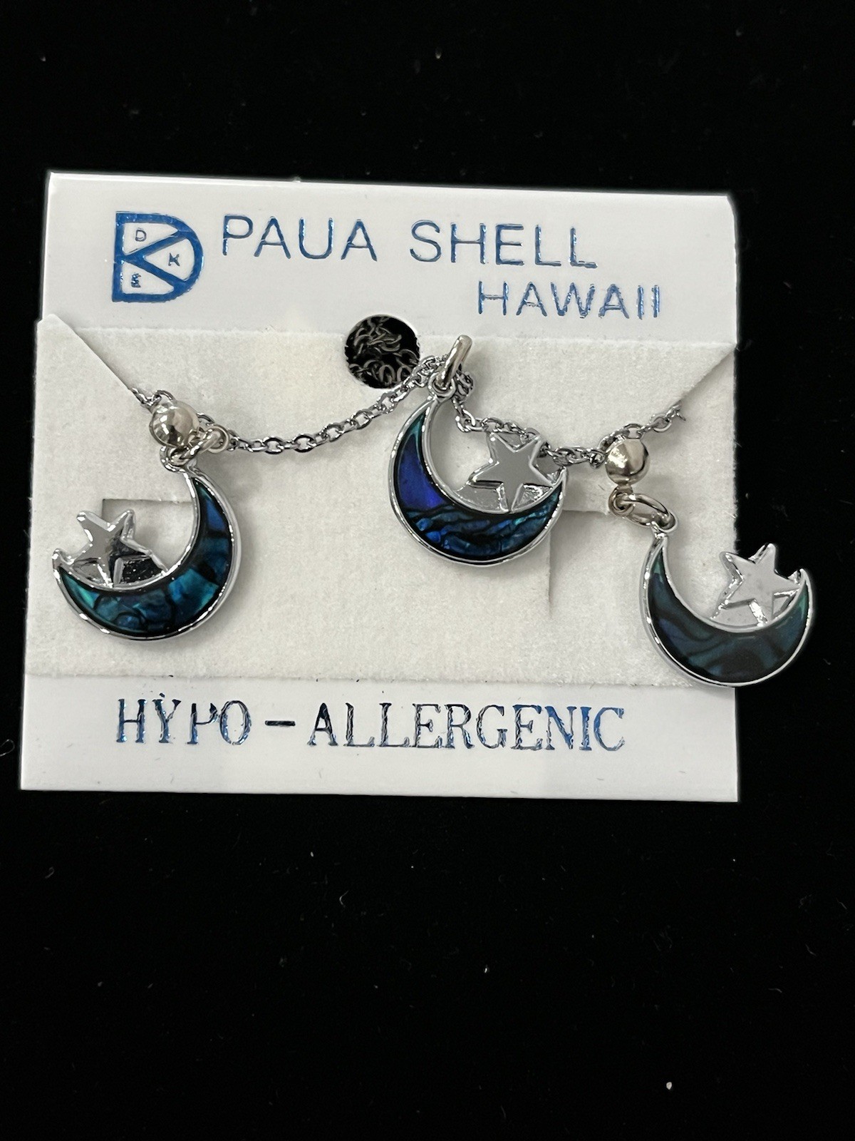 Vintage Paua Shell Hawaii Bohemian Boho Blue Moon Pendant Necklace Earring Set