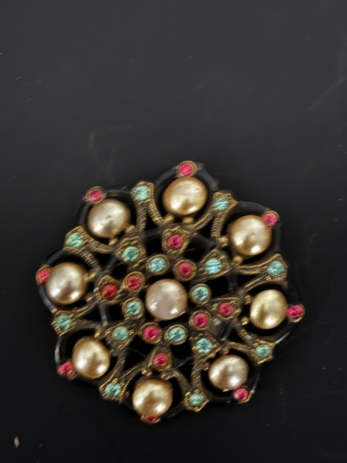VINTAGE Brooch Pin NE New England Glass Works Pearl Red Blue Rhinestones JD47