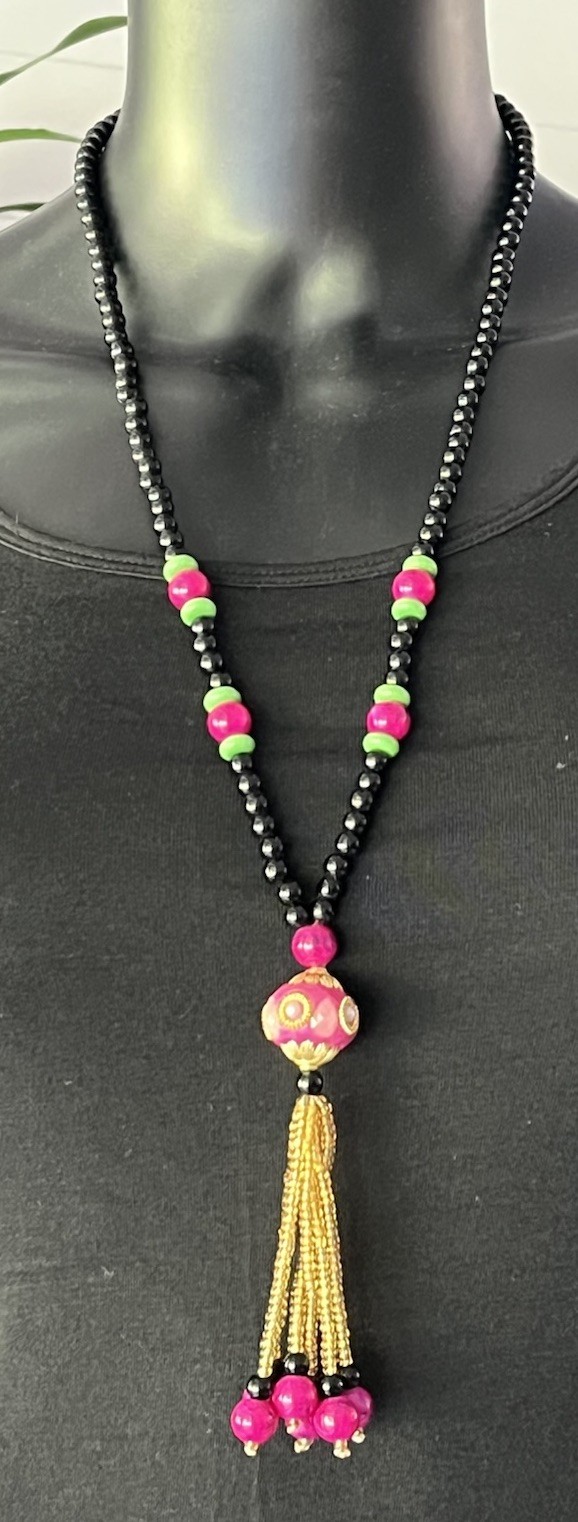 Vintage Long Handmade Glass Beaded Statement Necklace