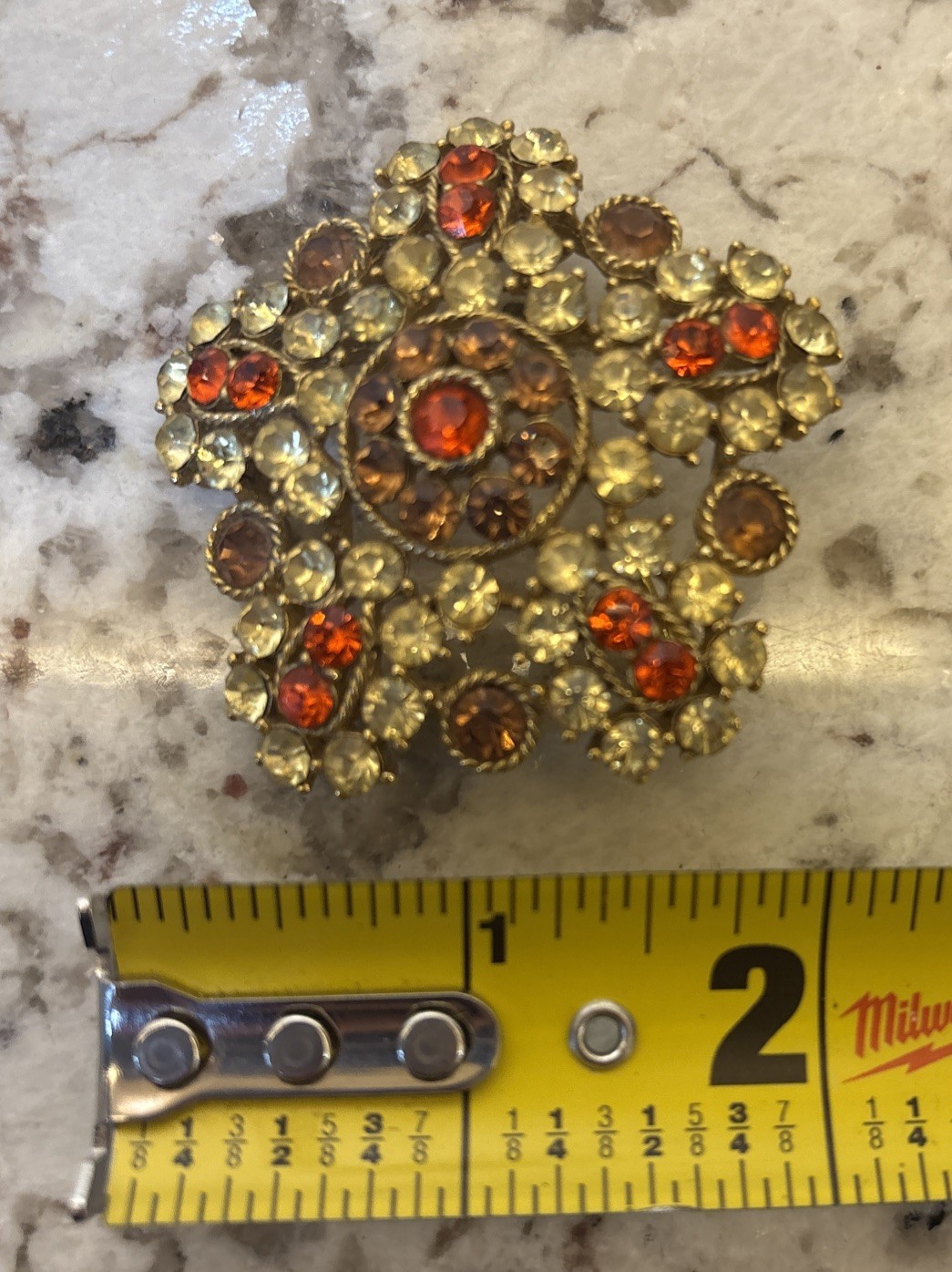 Vintage Round Floral Rhinestone Brooch Pin Fall Colors Green Orange Brown Gold