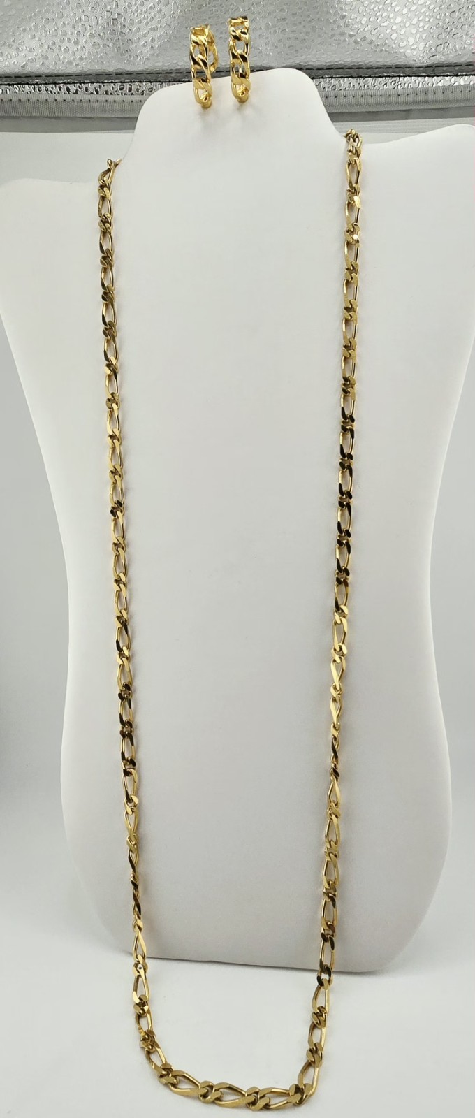 MONET 36″ LENGTH FIGARO CURB LINK NECKLACE☆ 1″ CLIP-ON EARRINGS☆GOLD-PLATED☆EC☆