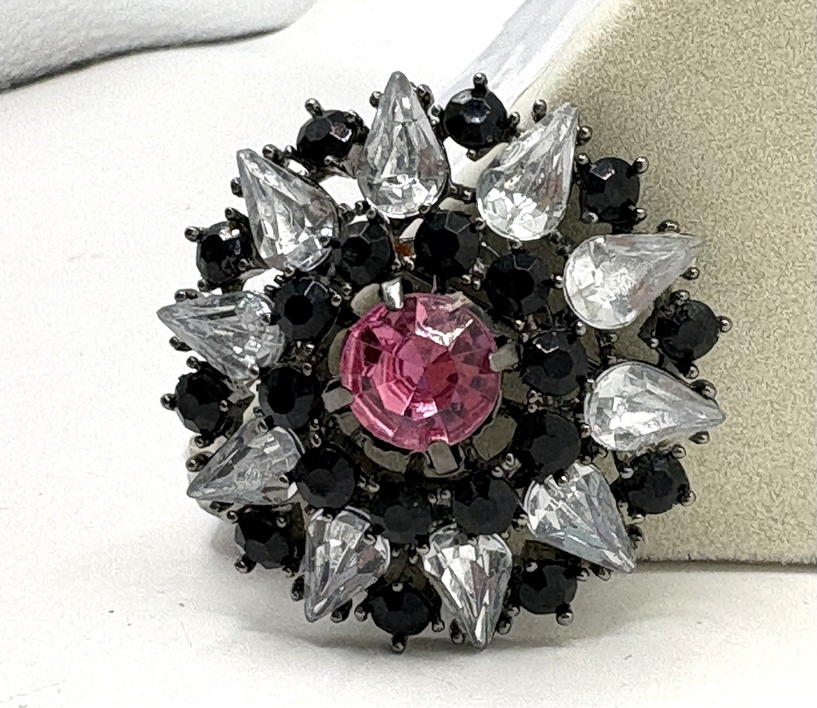 Black Clear & Pink Rhinestone Gun Metal Brooch