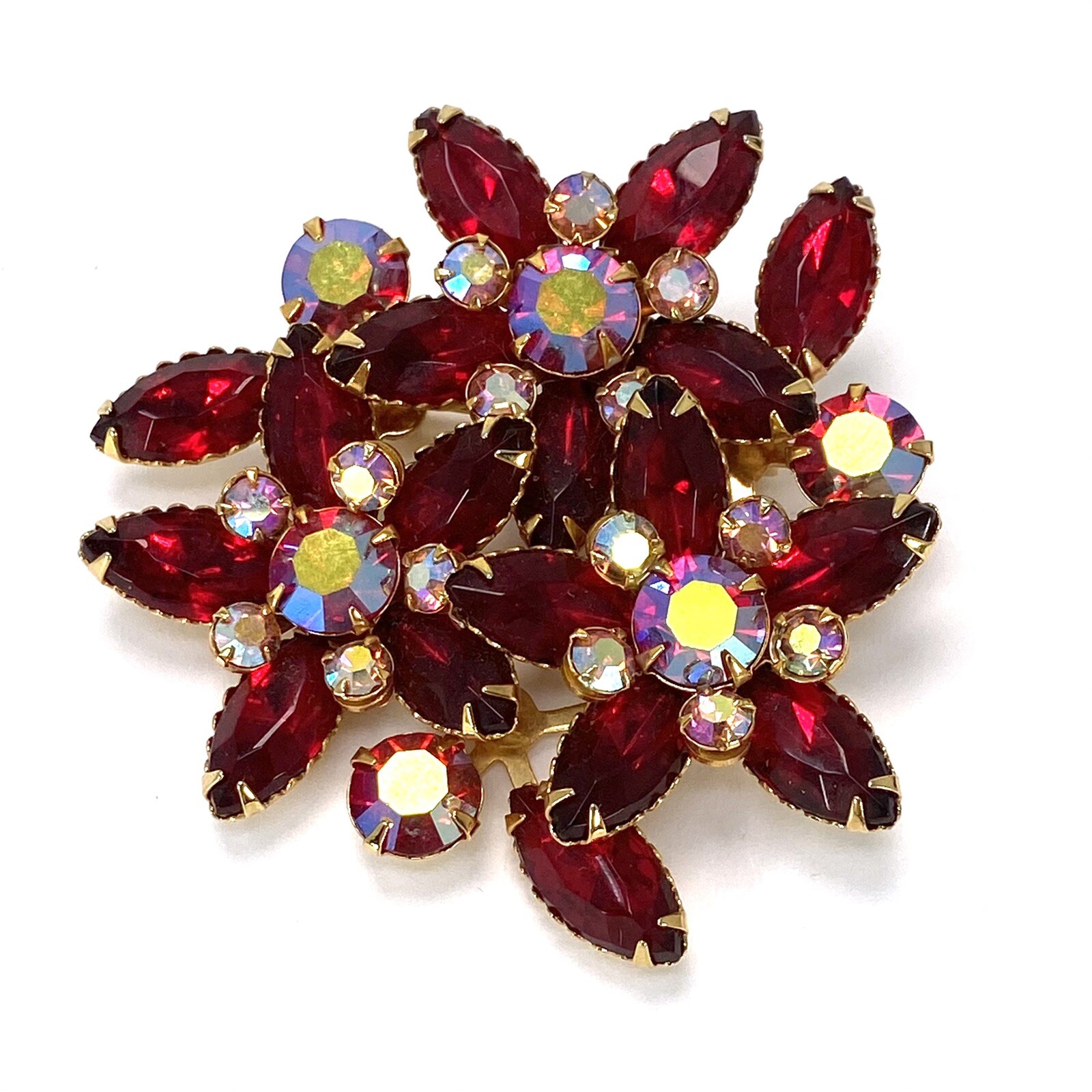 Vintage Red AB Crystals Prong Set Brooch Pin