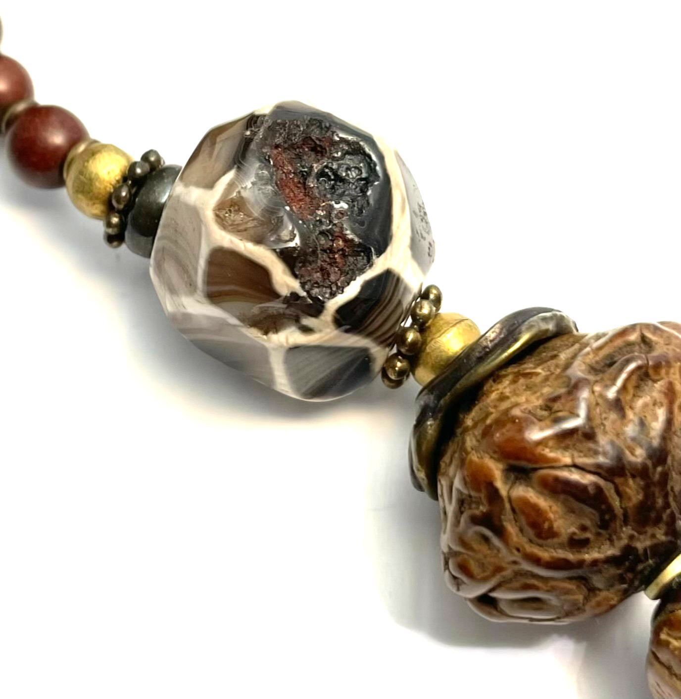Paldao Dracontomelon Seeds & Honeycomb Agate Necklace Wire Clasp Artisan Vintage