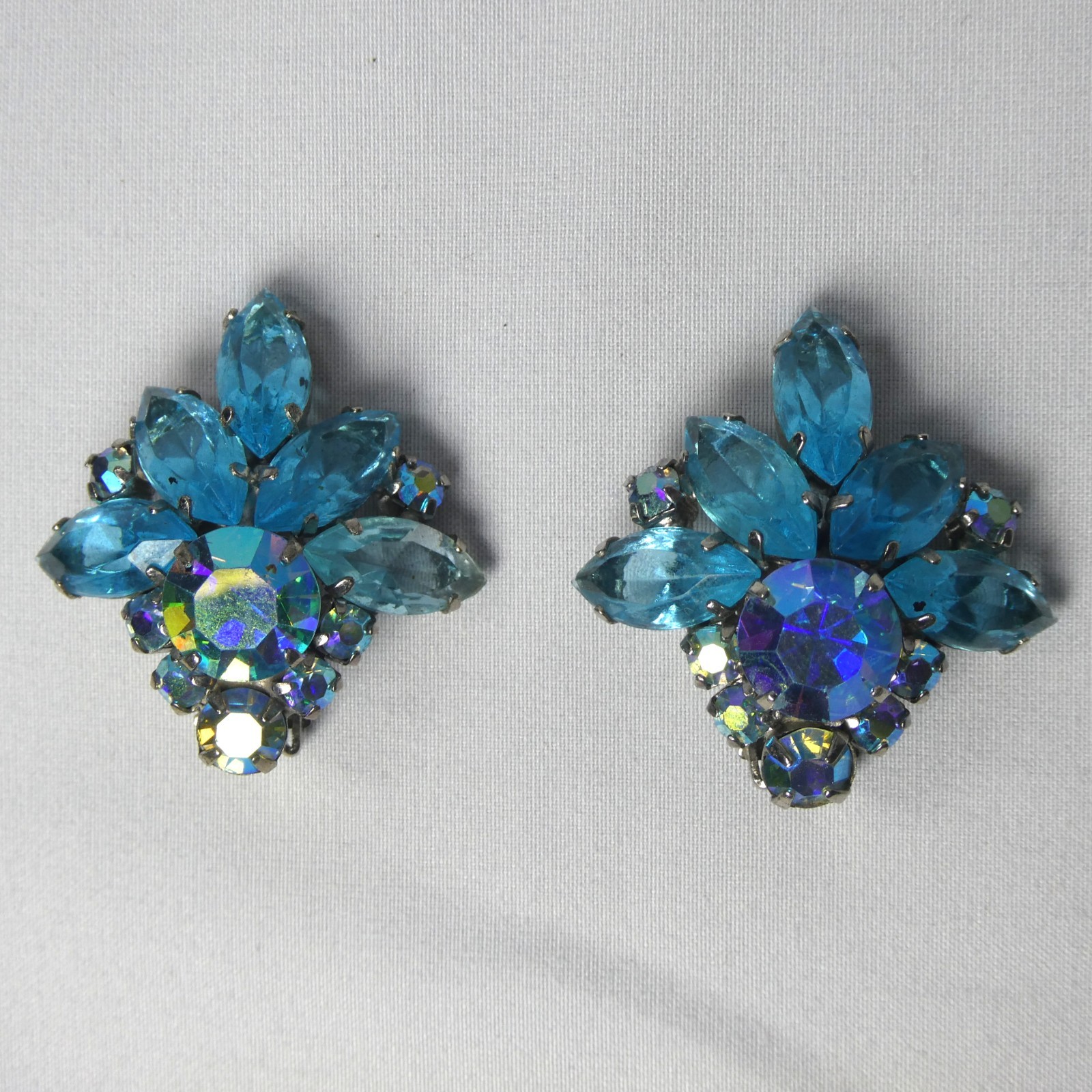 Borealis & Blue Crystal Silver Tone Setting Ear Clips Canada circa 1950s Costume