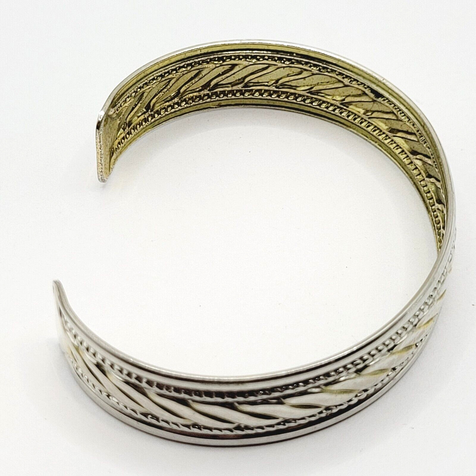 Two Vintage Metal Cuff Bracelets 1 Brass & 1 Silver Tone Patterned Tarnished