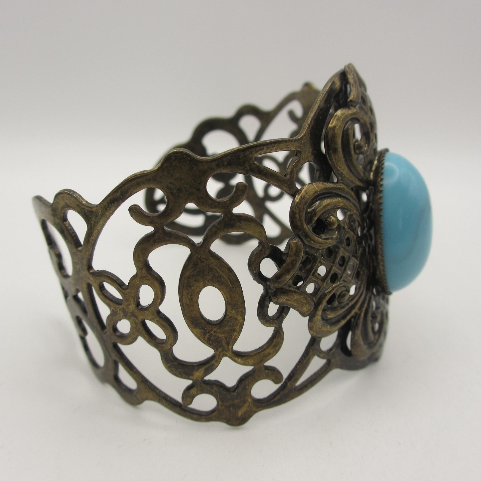 Vintage Open Cuff Bracelet Filigree Bronze Tone Blue Cabochon Statement