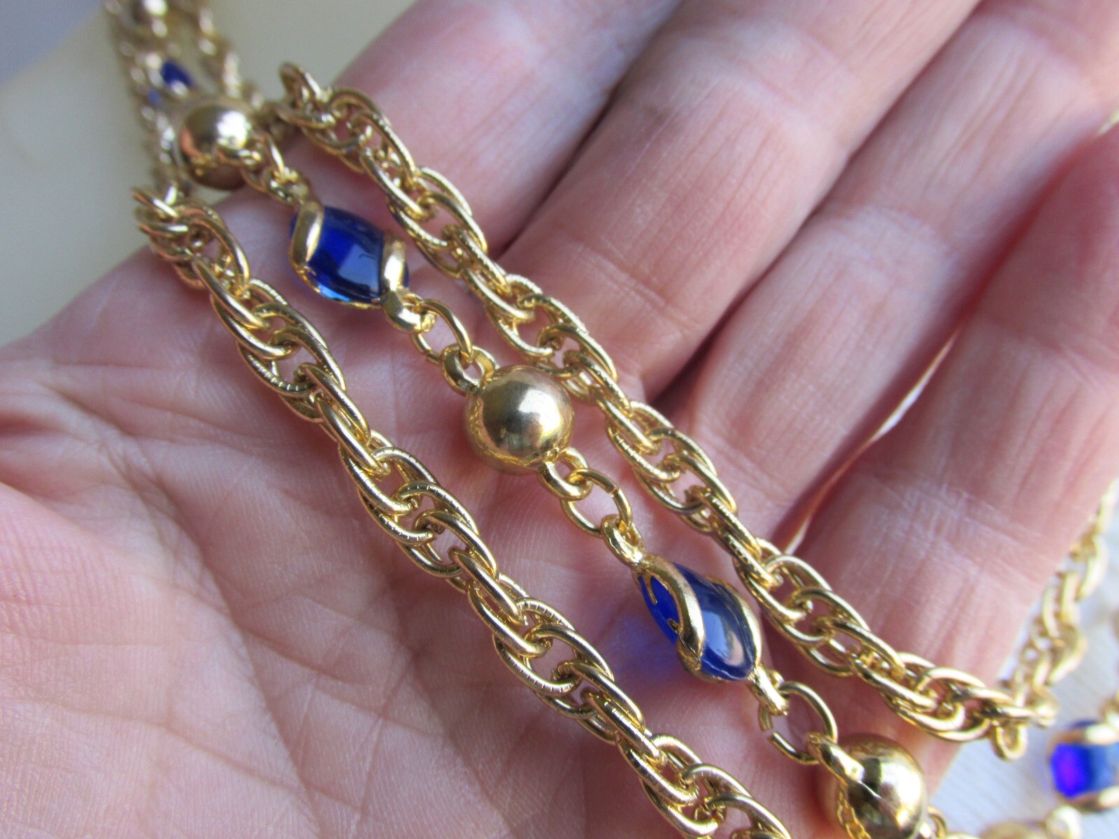 Vintage Electric Blue Glass & Metal Bead Necklace 3 Rows Gold Plate