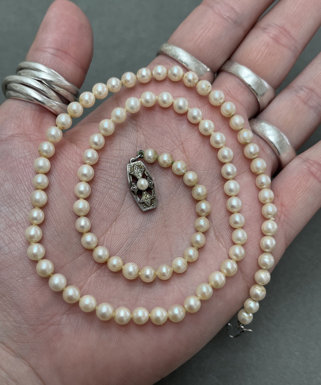 Antique Japanese Mikimoto Pearl Silver Necklace