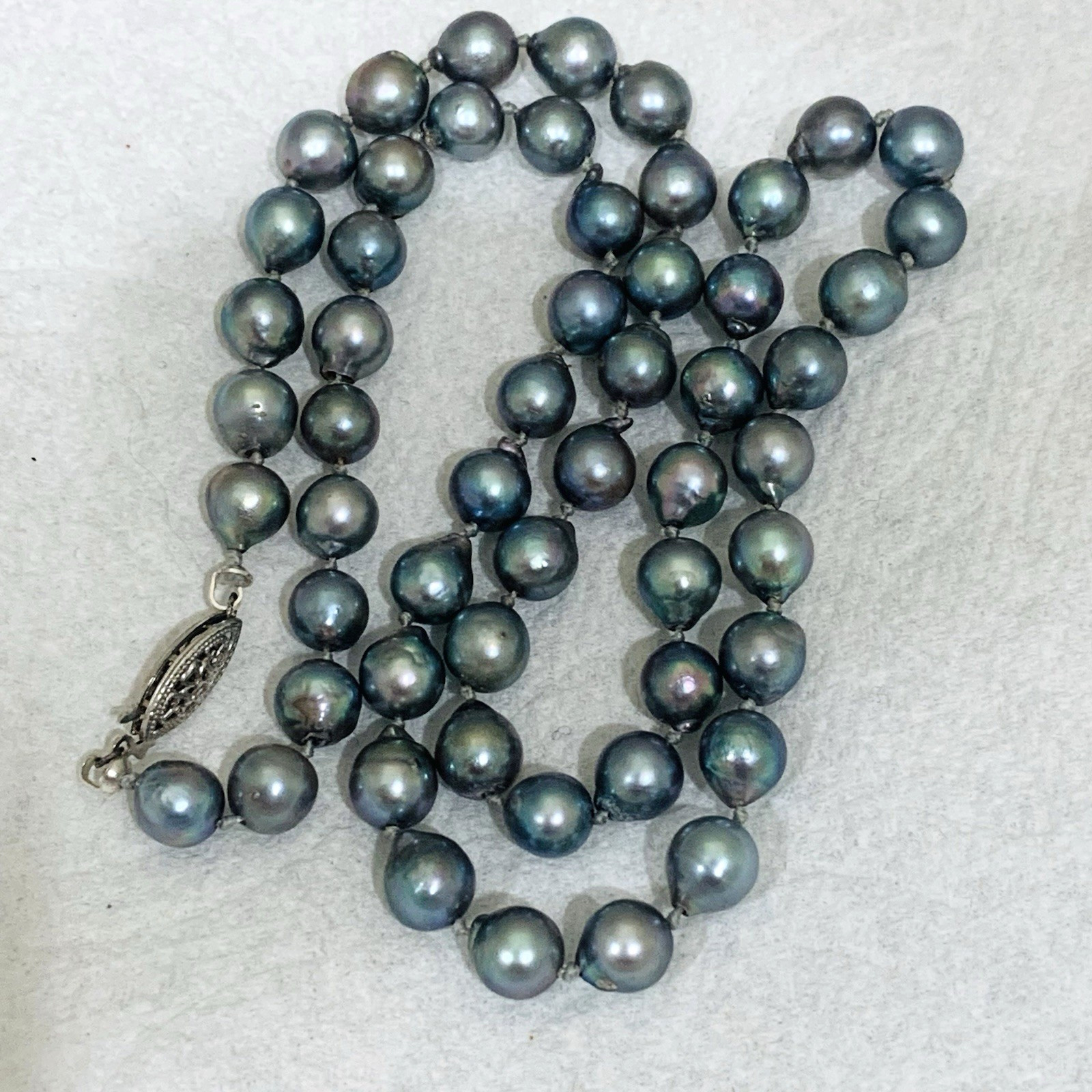 VTG BLUE AKOYA PEARL Necklace SET 10k WG 7mm Baroque Saltwater Pin 3″ SILVER 19″