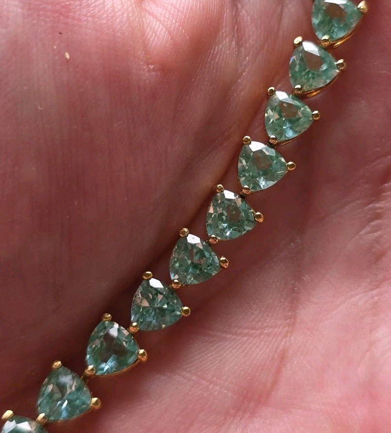 Aqua Blue Green Gold Vermeil Trillion Cut Faux Aquamarine Tennis Bracelet 6.75″