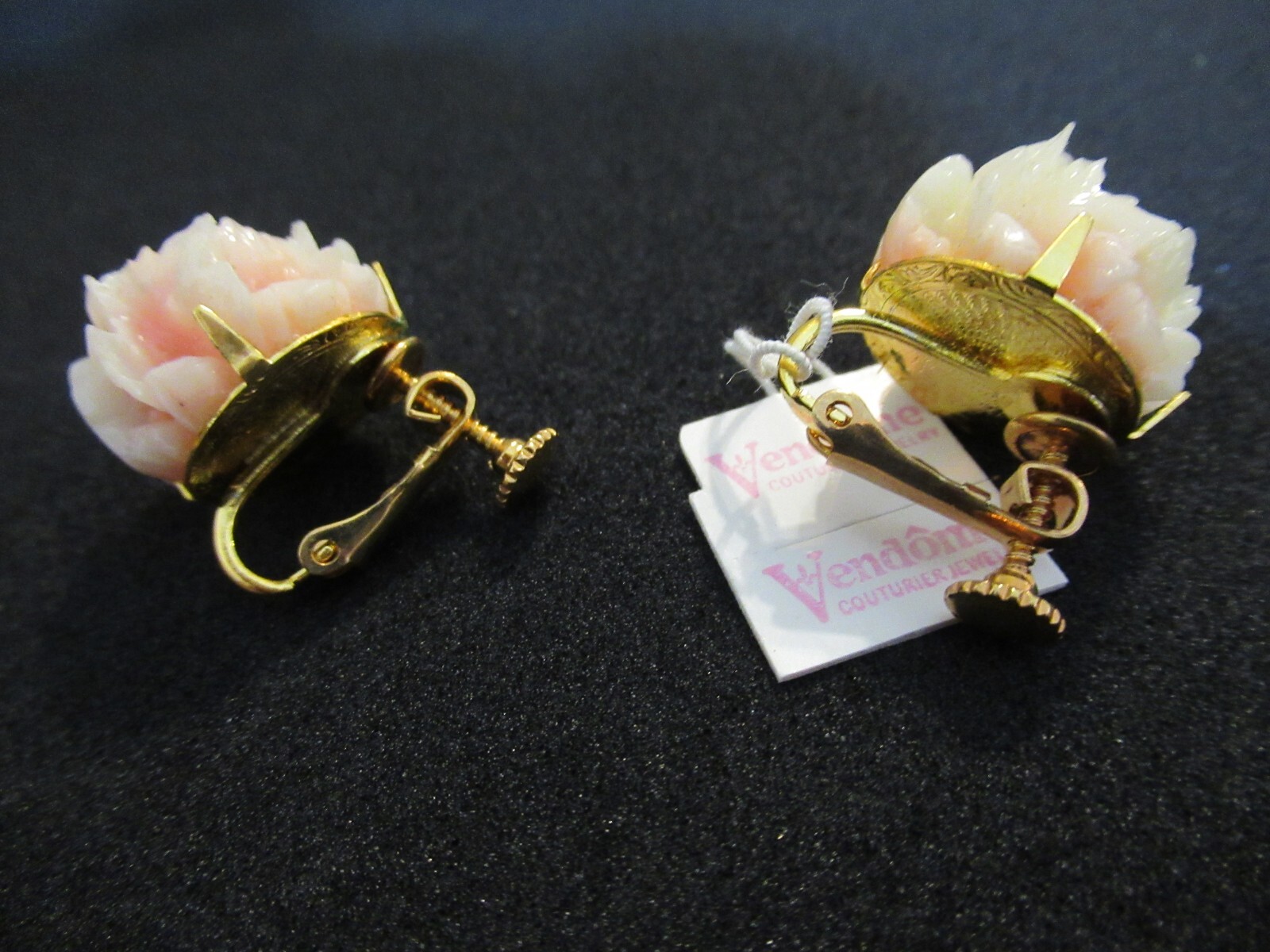 Vendome Gold Tone Enamel Rose Flower Clip On Adjustable Earrings NOS