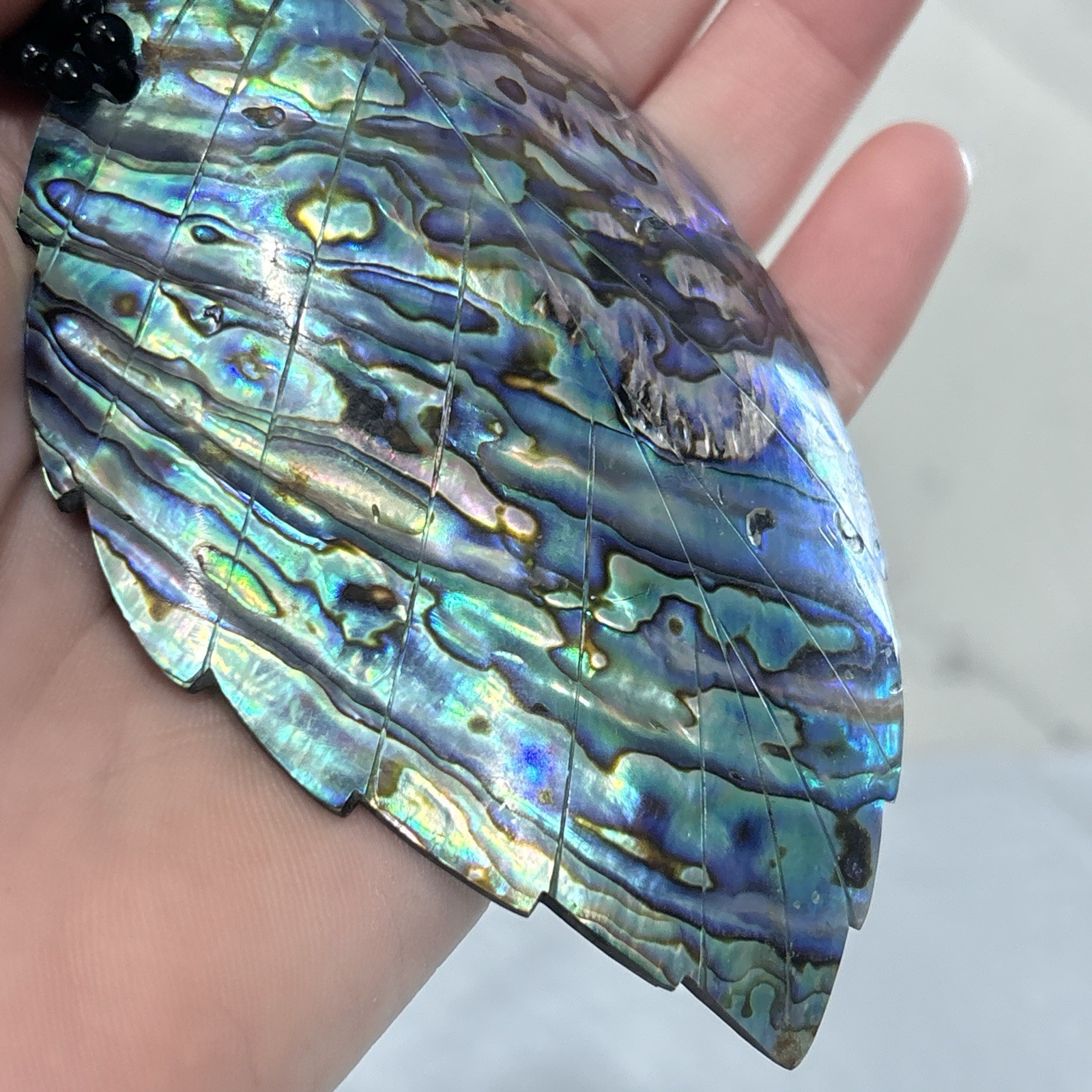 Vintage Beaded Statement Necklace Carved Abalone Shell Leaf Boho Black 80s 90s