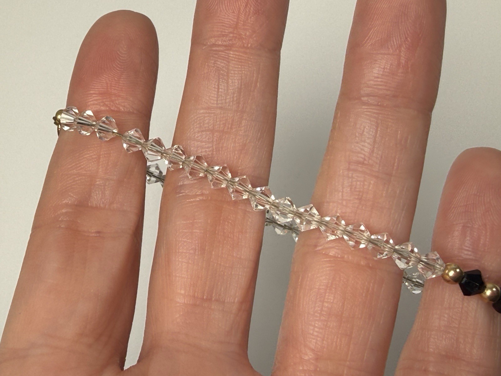 Vintage 14K Gold Bicone Black Clear Crystal Beaded 7” Bracelet