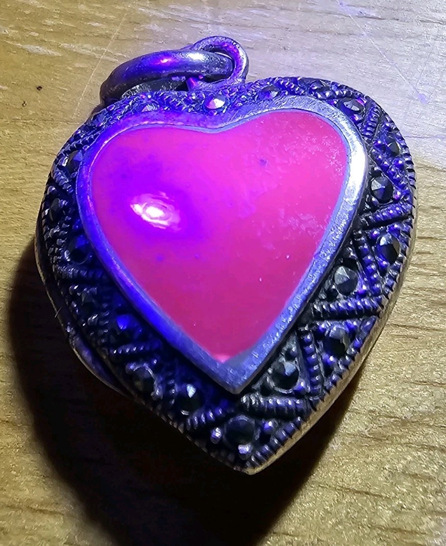 Sterling Silver Marcasite Puffy Heart Locket Pendent Charm Red Coral Center