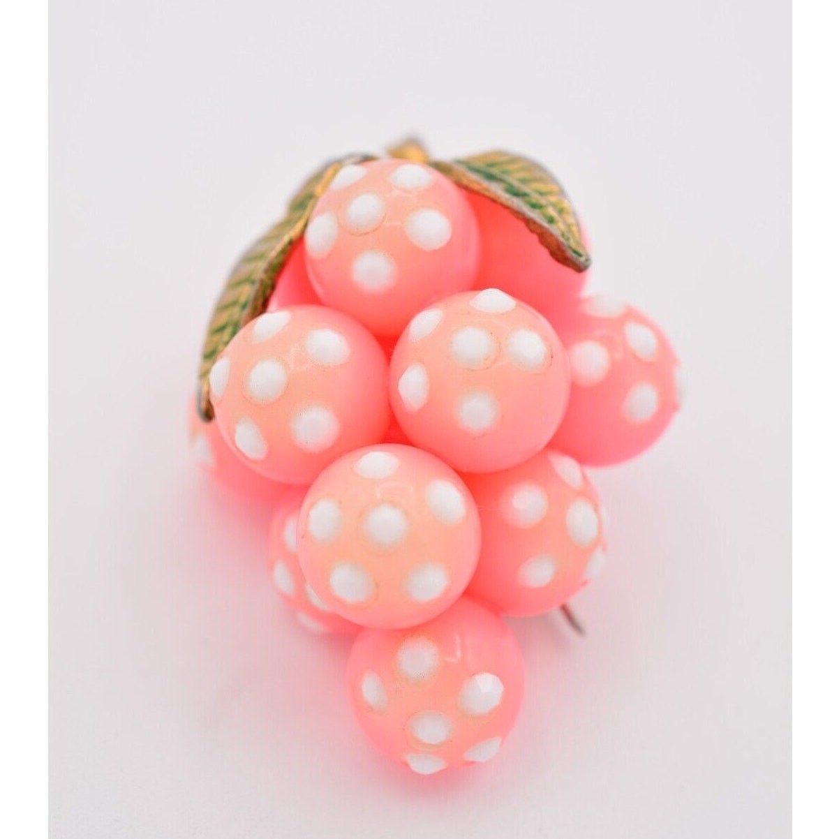 Vintage Glass Grapes Pin Brooch Pink White Polka Dot Crystal Antique 1960s BinAJ