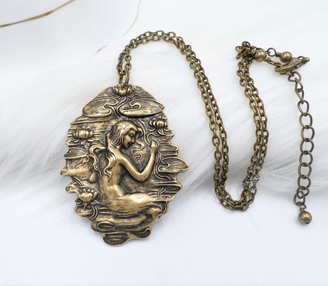Art Nouveau Water Nymph Necklace: Vintage Style Brass Goddess Pendant with Lotus