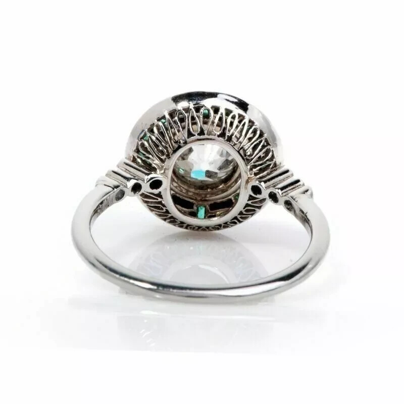 Art Deco Style Lab-Created Diamond & Emerald Enamel Ring 14k White Gold Finish