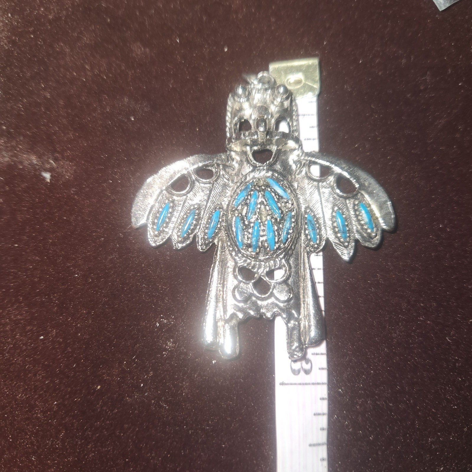 Vintage Native American Style Thunderbird Pendant Silver Tone stone Inlay Bird