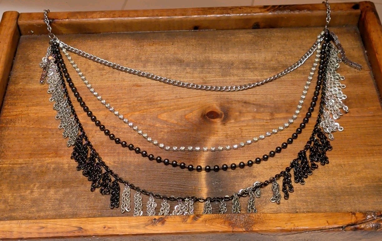 VTG Rock Punk Gothic 4 Layers Blk, Silver, Rhinestone, Fringe, Chain necklace