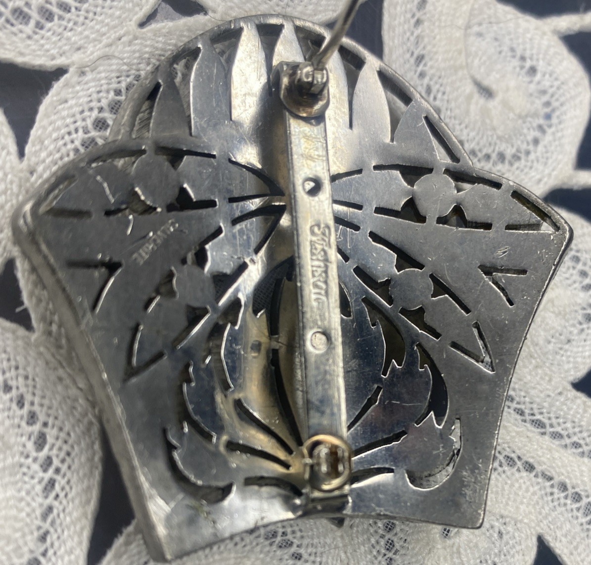 Vintage Art Deco Engraved Fishsom Silver it’s Clear Rhinestone Brooch Shield