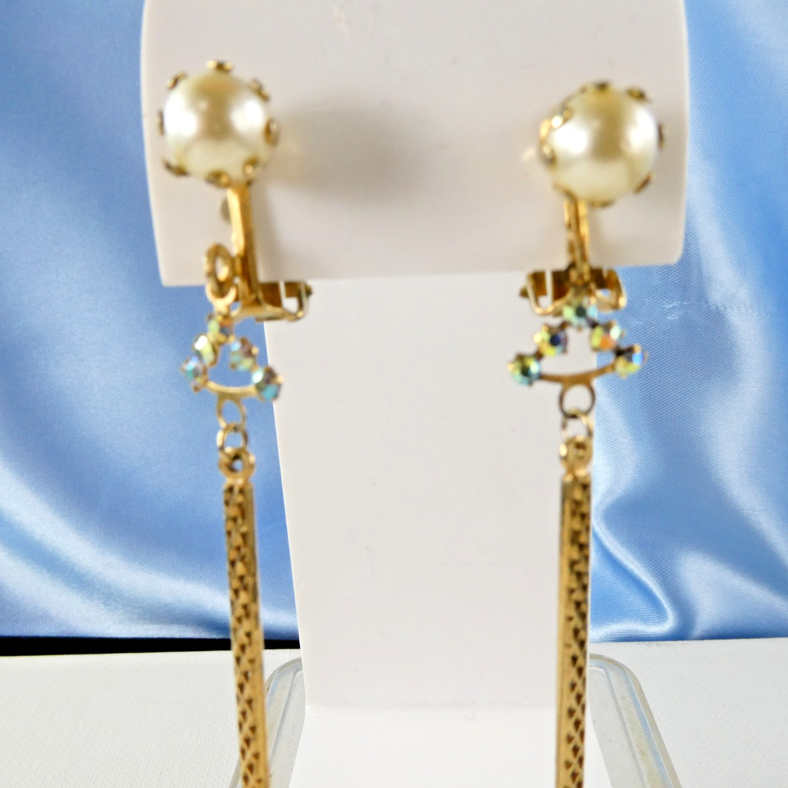 Vintage LONG Crystal Drop Dangle Earrings Clip On AB Glass Gold Tone