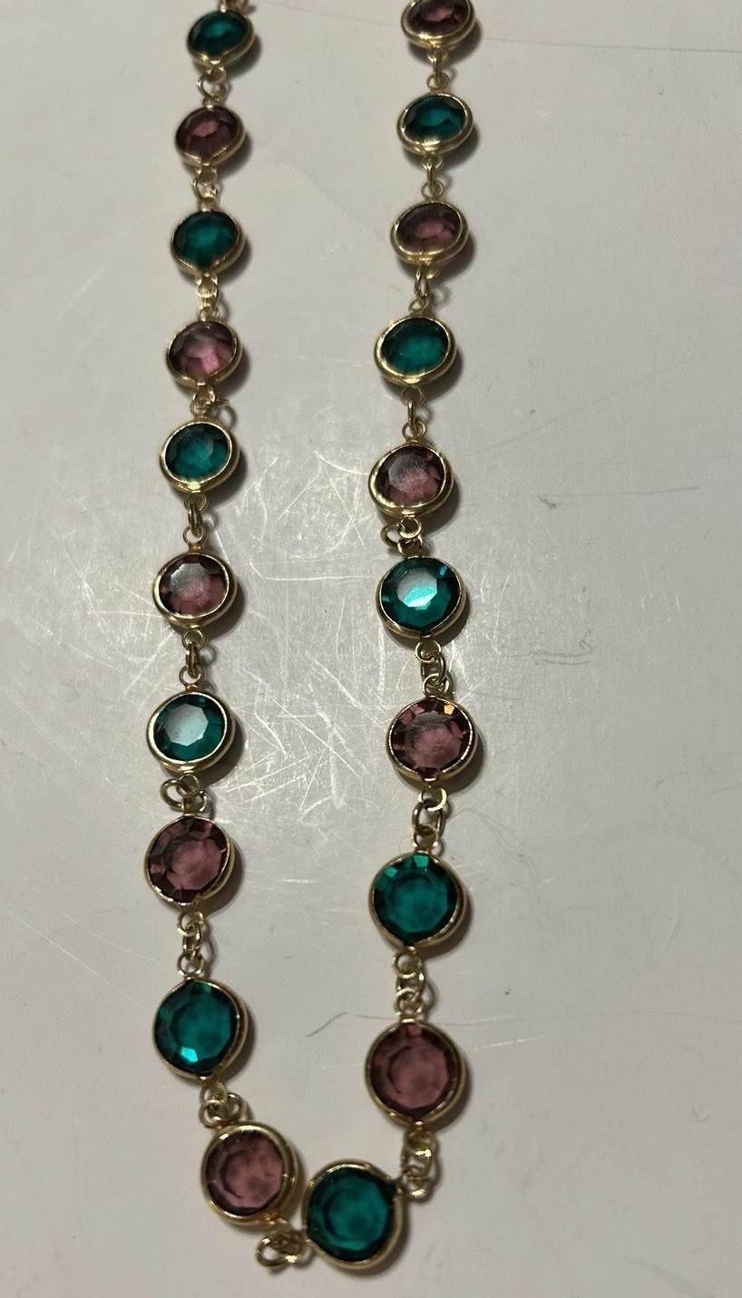 3 Vintage Faceted Austrian Crystal Window Necklaces Bezel Blue, Clear, Multi