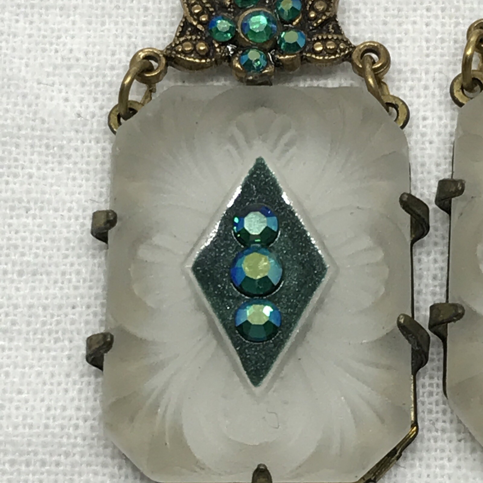 Vintage Glass Works Studio Carved Matte Glass, Crystal Acc & Brass tone Earrings