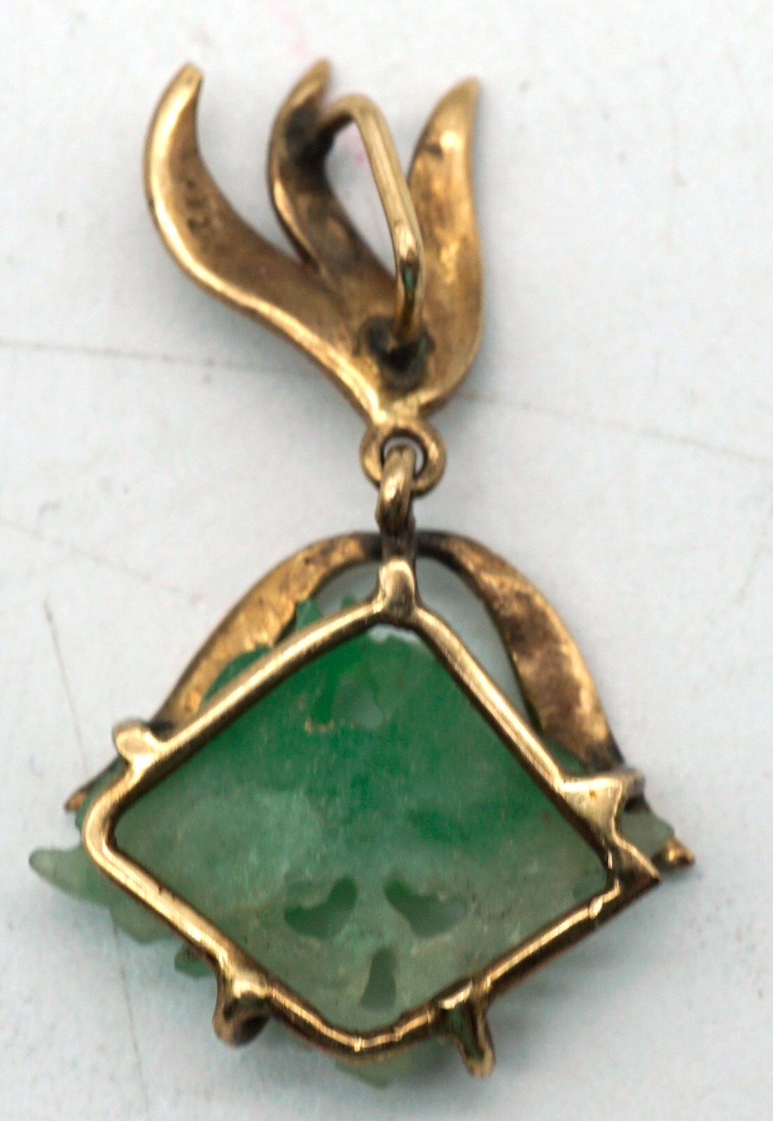Vintage Green Jadeite Jade Pendant Pierced Floral Design in 14K Gold Setting