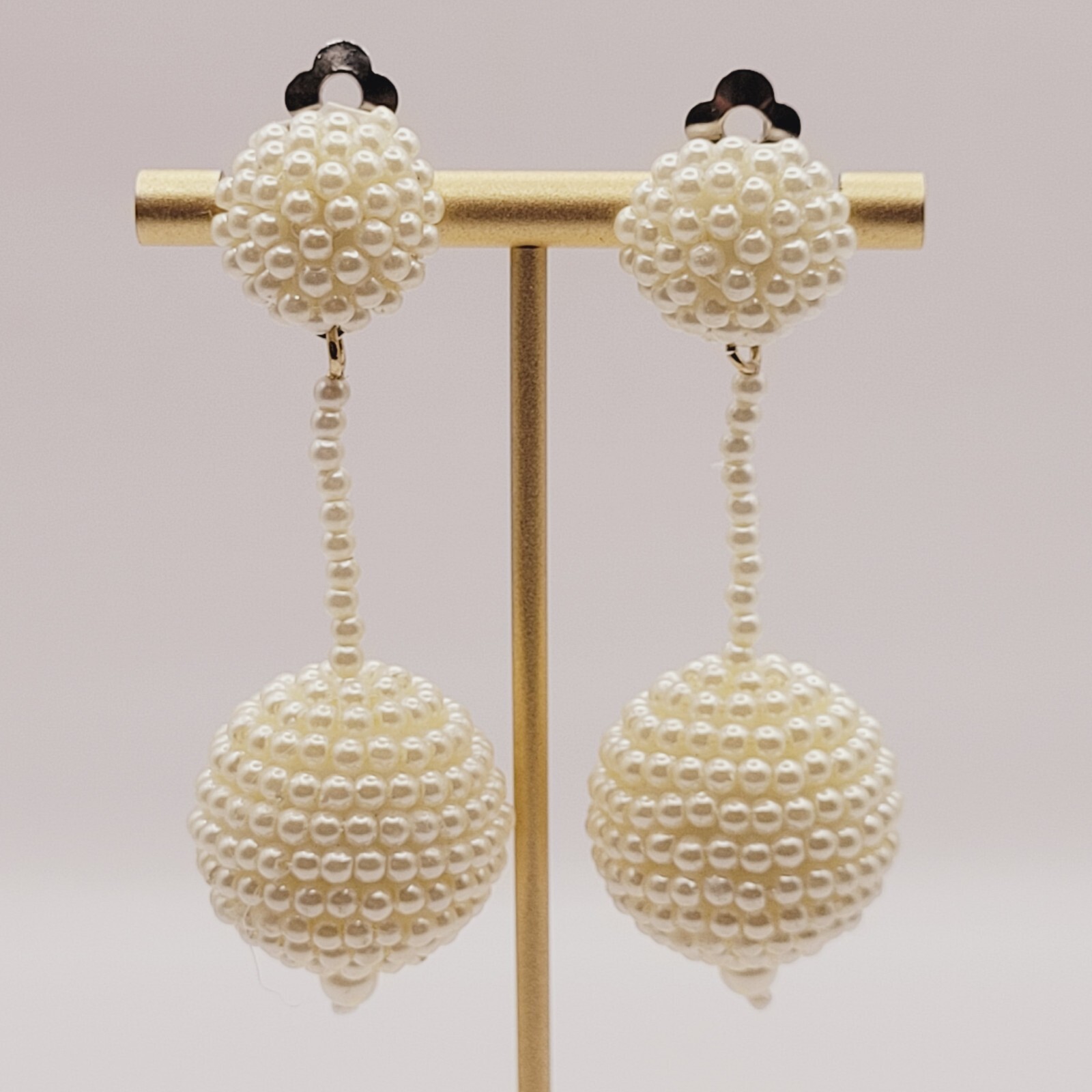 Unique Ball Drop Dangle with Faux Pearl Long Beaded Costume Clip On Earrings