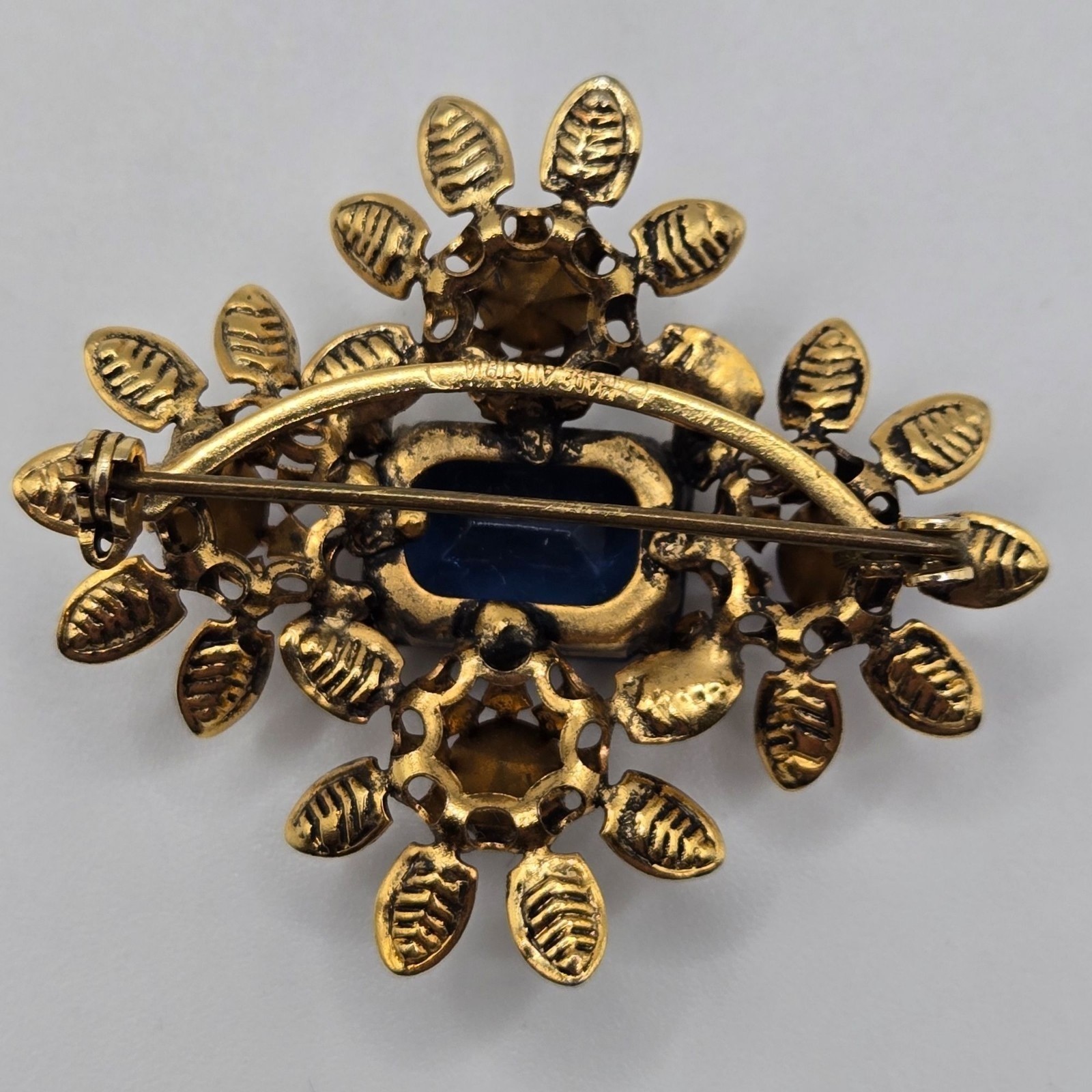 Vtg Austrian Crystal Rhinestone Brooch Blue Floral Victorian Revival Mid Century